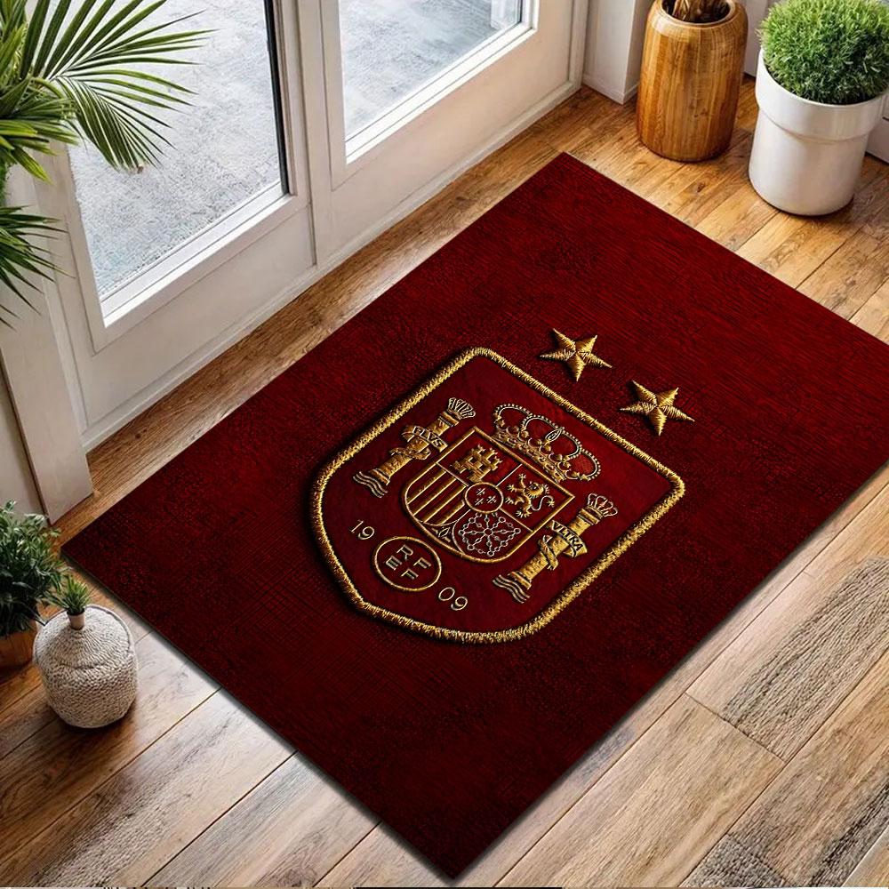 Golden Spanish Emblem on Red Background Patterned carpet, non slip mat suitable for living room and bedroom sofas