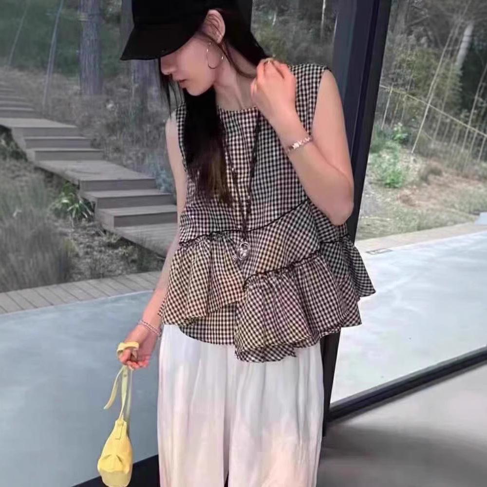 

Women s 2025 Irregular Check Ruffle Sleeveless Babydoll Top Large