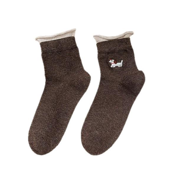 Early Autumn Embroidery Cute Cartoon Puppy Socks Striped Cotton Boneless Cloth Label Socks For Women Korean Students