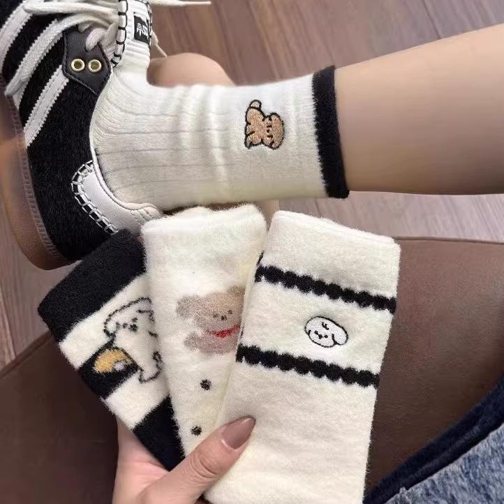 Cute Cartoon Puppy Plush Socks Women'S Autumn And Winter New Plush Thickened Medium Tube Socks Sleep Socks With German Training Shoes