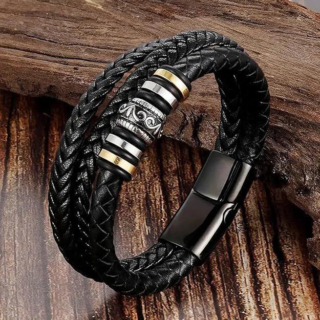 Anti Tarnish Stavros Stainless Steel Leather Black Bracelet for Men | Hand Bands for Boys | Wrist Bracelets for Man | Fashion Jewellery Accessories |