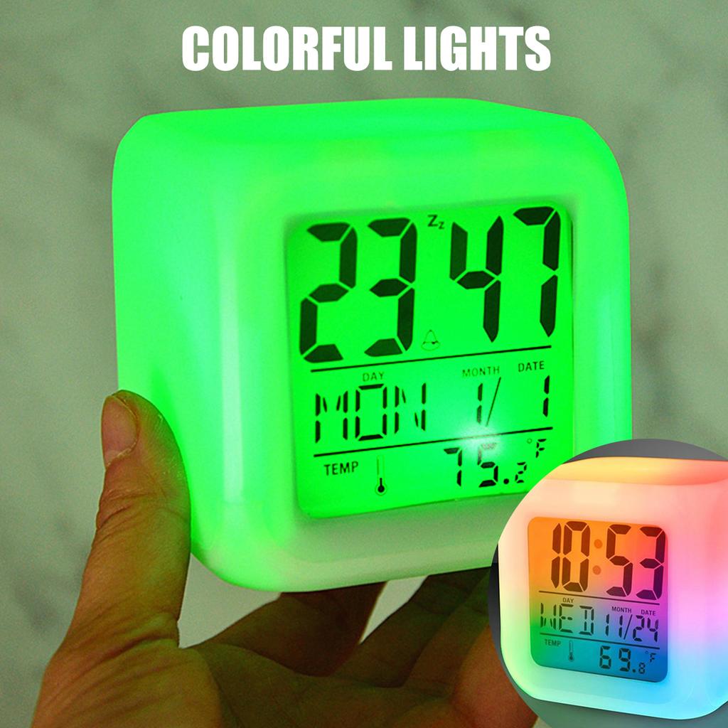 LED Digital Alarm Clock Mini Desk Cube Clock with Colorful Lights Multi-function Alarm Clocks with Calendar Temperature Display
