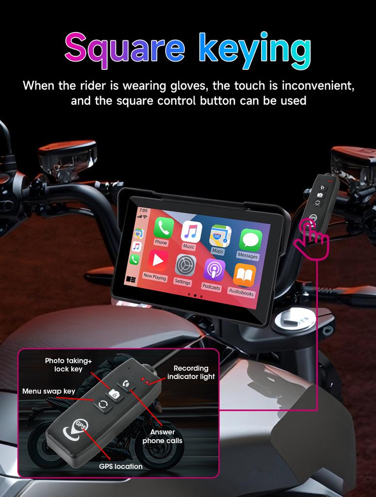 7 Inch Motorcycle GPS Navigation 2K HD DVR Wireless CarPlay Android Auto IP67 Waterproof Display Screen Portable Moto Monitor