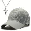 2pcs Men's Baseball Hat Necklace Set Fashion Dragon Print Quick Dry Mesh Sun Shade Sun Hat Cross Pendant Necklace