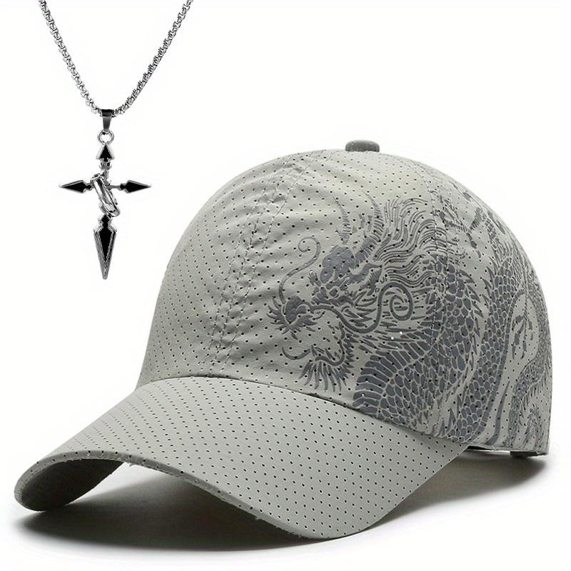 2pcs Men's Baseball Hat Necklace Set Fashion Dragon Print Quick Dry Mesh Sun Shade Sun Hat Cross Pendant Necklace