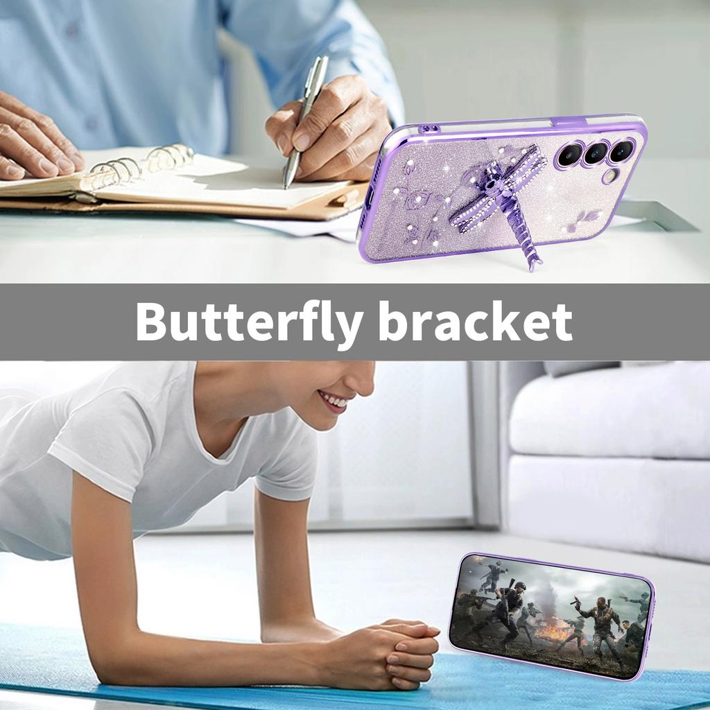 For Samsung Galaxy S23+ Case Dragonfly Kickstand TPU Flowers Glitter Phone Cover