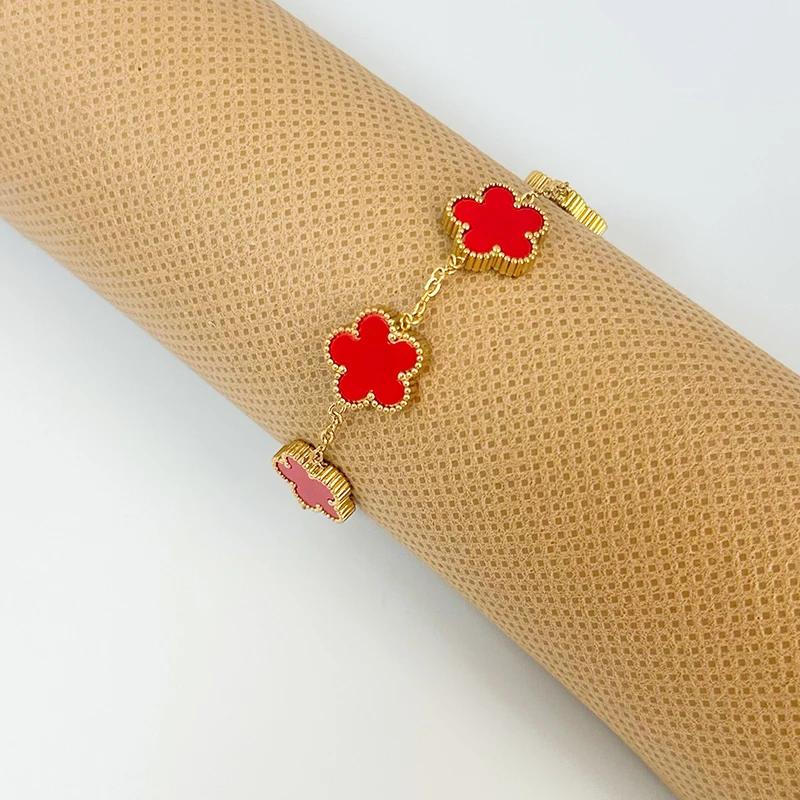 Clover Women's Hand Bracelets Flower Mothers Day Double Sided Stainless Steel Bracelet Charm Fashion Zircon Accessories Gifts