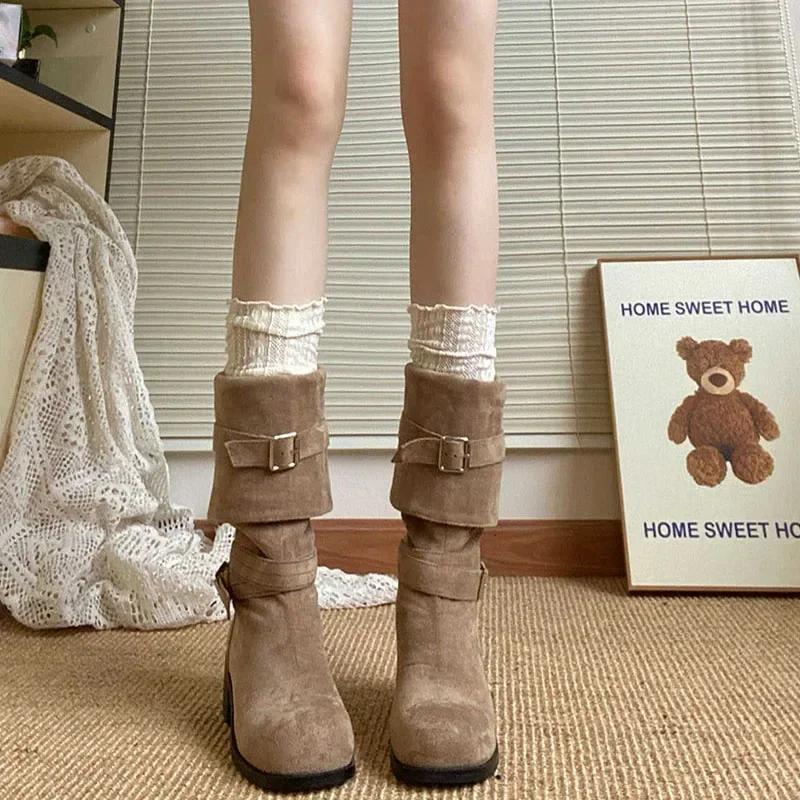 Fashion Platform Thick Heel Women Western Cowboy Boots Fashion Slip On Folded Pile Long Booties Female Shoes Autumn Winter