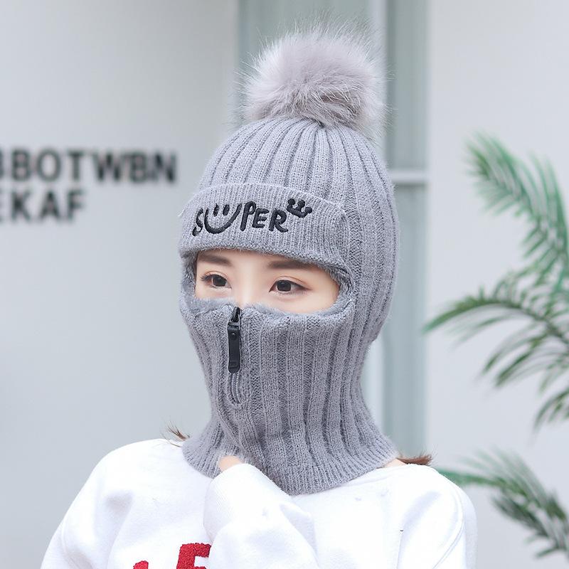 Women's Winter Knitted Hat Warm Zipper Windproof Winter Cap With Neck Warmer
