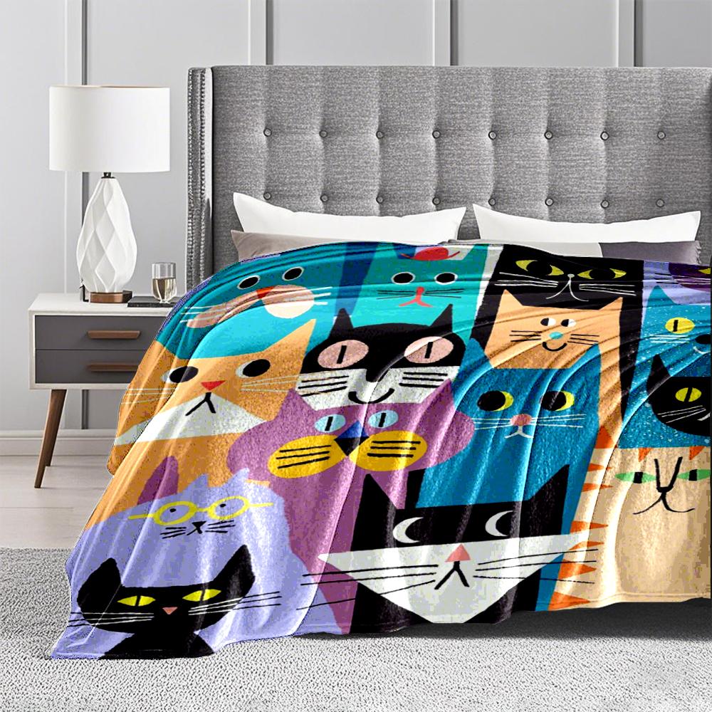 Colorful Cartoon Cats Pattern Flannel Blanket for Bedroom, Living Room, Sofa, and Nap