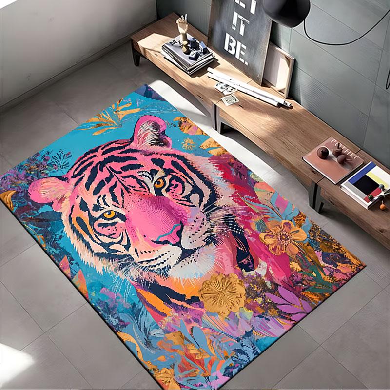 Colorful Tiger with Floral Art suitable as a non-slip mat for the living room or bedroom sofa