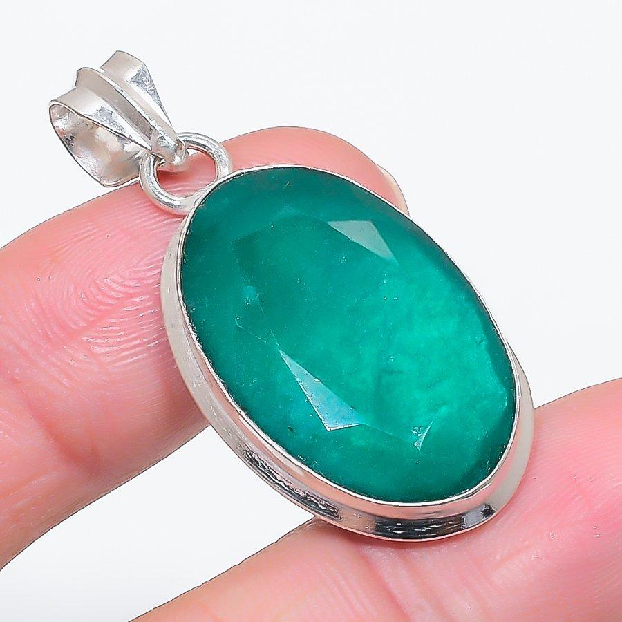 Natural Emerald(Simulated) 925 Sterling Silver Jewelry Pendant 1.73" U5m74