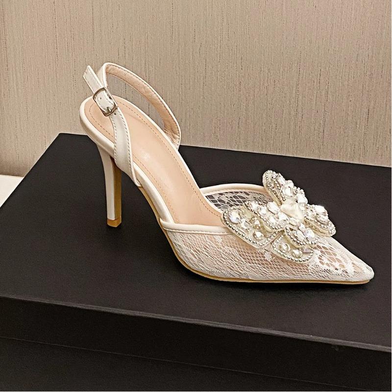 Summer Women's High Heels Pointed Toe Fashionable Stilettos Sexy Versatile Bow Rhinestones Closed Toe Sandals