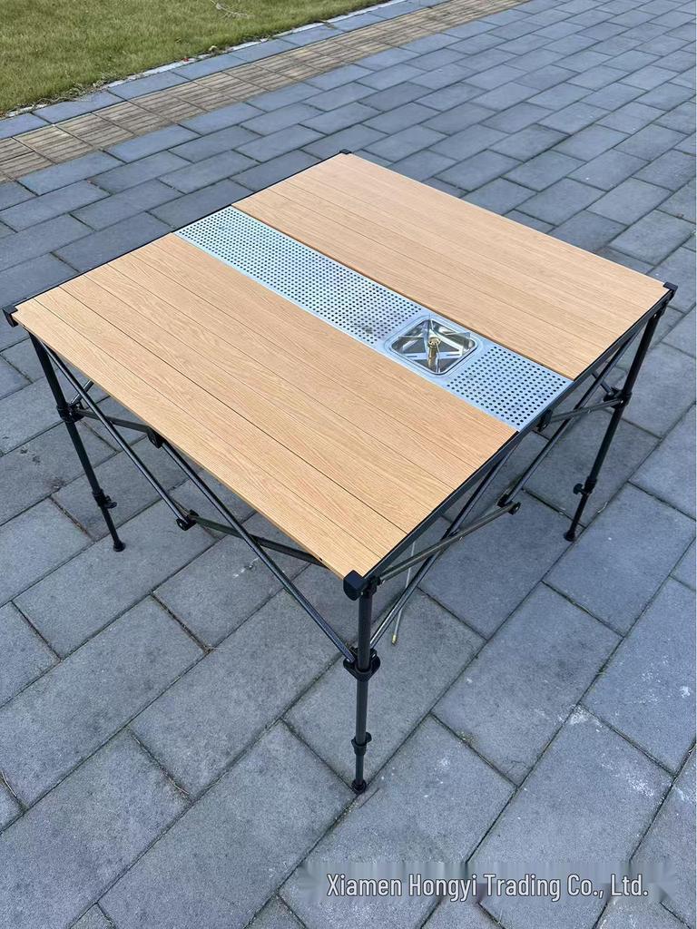 Hongyi Bamboo Pattern Aluminum Folding Table – Outdoor, Adjustable Height for Tea, BBQ, Card Games, Mahjong, Dining.