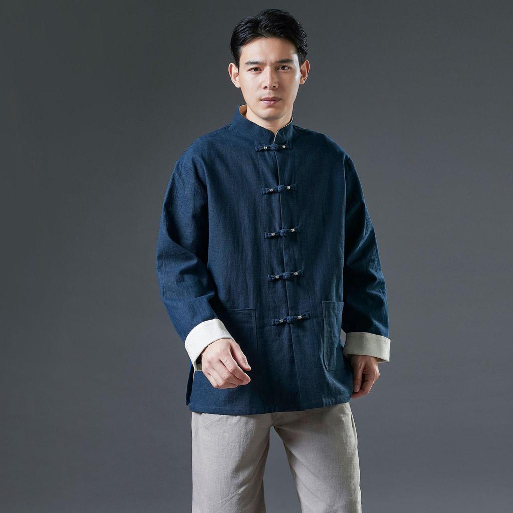 Men's 2025 Spring Silver Buckle Overlap Coat - Retro Chinese Style with Frog Buttons, Loose Casual Fit, Roll-Up Sleeves
