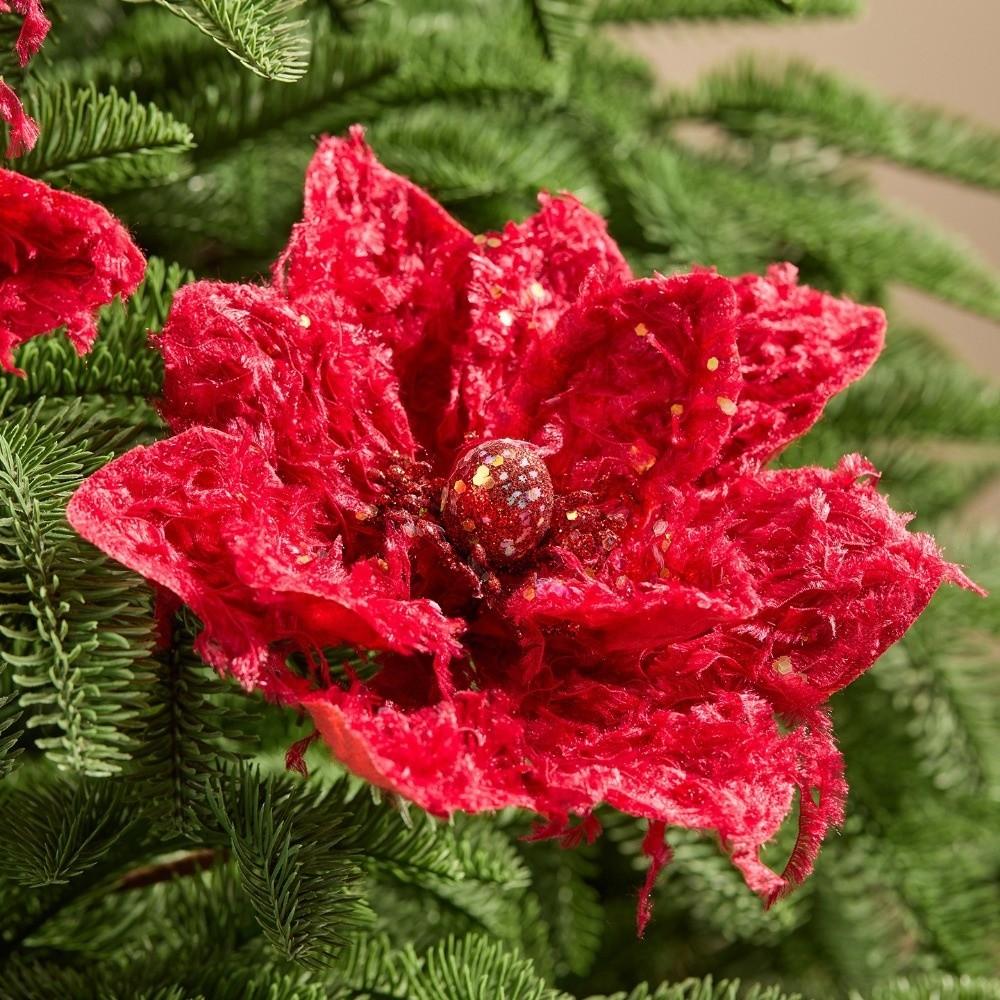 22CM Wine Red Artificial Poinsettia Flower Sequins Simulation Flowers  Christmas Decoration