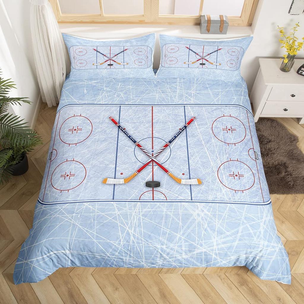Ice Hockey Duvet Cover For Kids Boys Girls Teens Lightweight Quilt Covers Winter Sports Bedroom Decor Hockey Player Bedding Sets