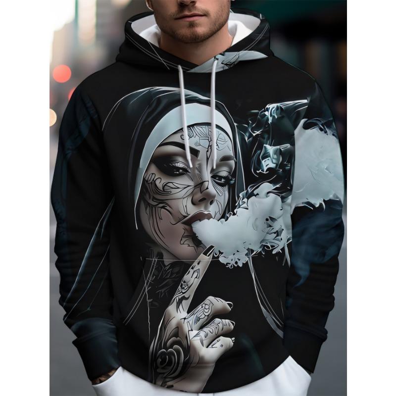 Men's Hooded Sweatshirt with Printed Pattern and Drawstring Design, Loose Casual Sports Jacket for Spring and Autumn