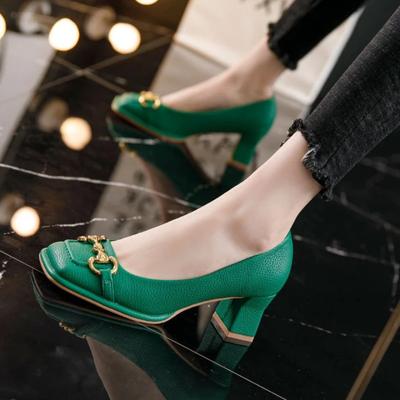 Women's New Medium Heel Shoes, Square Thick Heel Shoes, French Style, Black and Green