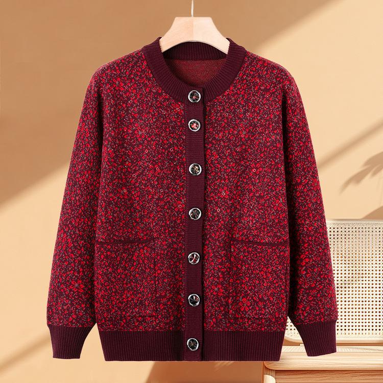 Middle-aged and Elderly Sweater Coat New Mother's Floral Sweater In Autumn and Winter Western Grandma's Autumn Cardigan Coat