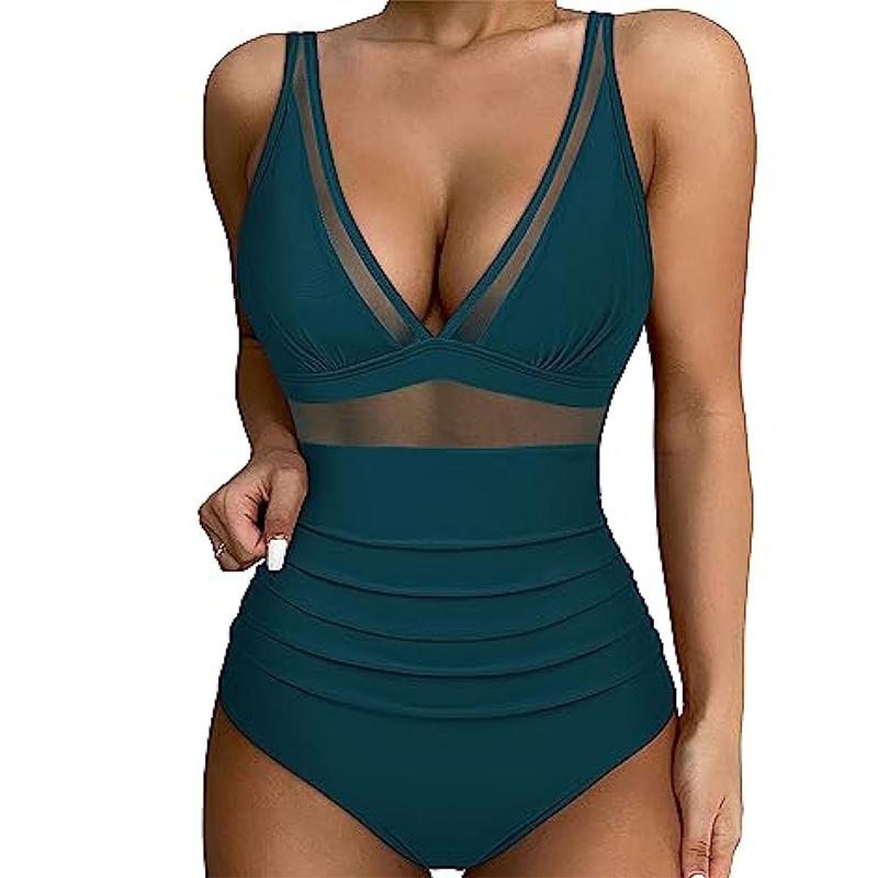 Sexy Mesh Patchwork Einteiler Bademode Frauen Aushöhlen High Cut Damen Badeanzug Bikini