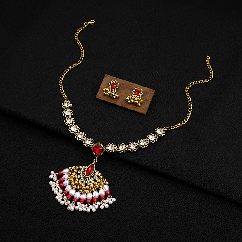 European, American Bohemian Diamond Pearl Earrings, Ethnic Style Turquoise Fringed Necklace Flower Jewelry Set Women