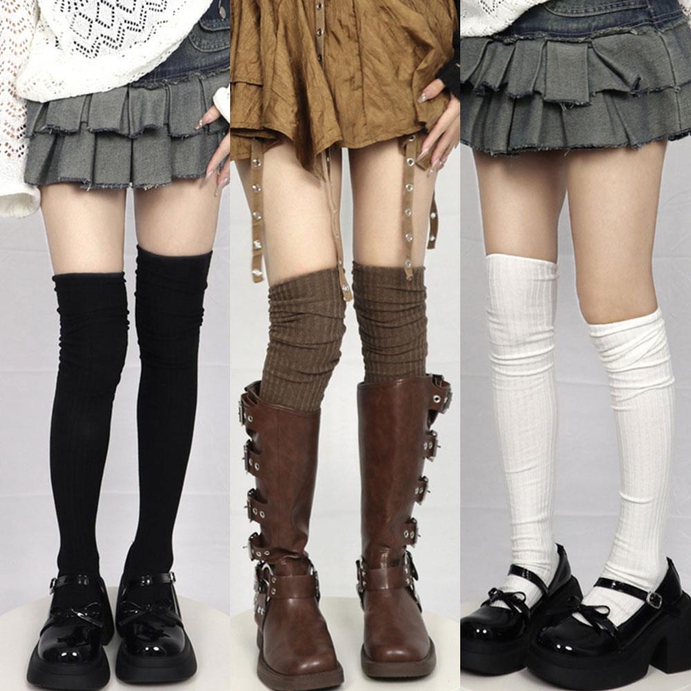 Women Stripe Long Socks Thigh High Lolita Warm Stockings Winter Black White Long Legging for Girls Cute Knee High Boot Socks