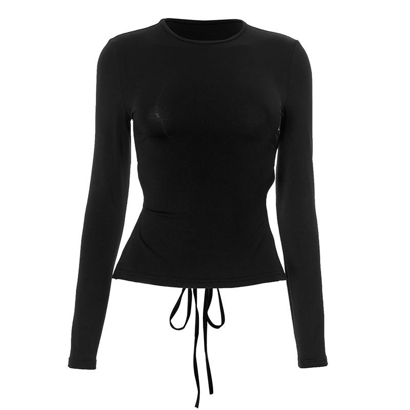 Modisches langärmliges rückenfreies sexy T-Shirt für Damen, modisch, Slim Fit, Basis, Schnürung, schwarze T-Shirts für Damen, Frühling und Herbst, Street-Casual-T-Shirt, Tops 25553