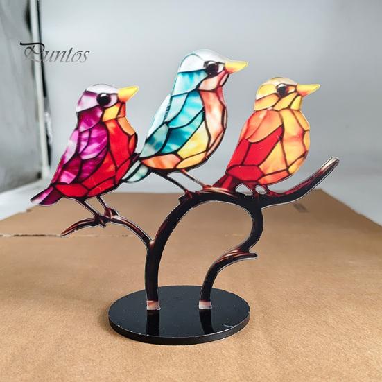 Fine Craftsmanship Bird Statues for Office Acrylic Birds on Branch Desktop Ornament, Colorful Stained Glass Style Nature Themed Gifts Lovers Figurine,