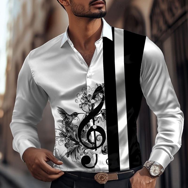 2025 Men's Striped Musical Note Dress Shirt Button Long Sleeve Fashion Casual Autumn Lapel Shirt 3D Printing Men Clothing