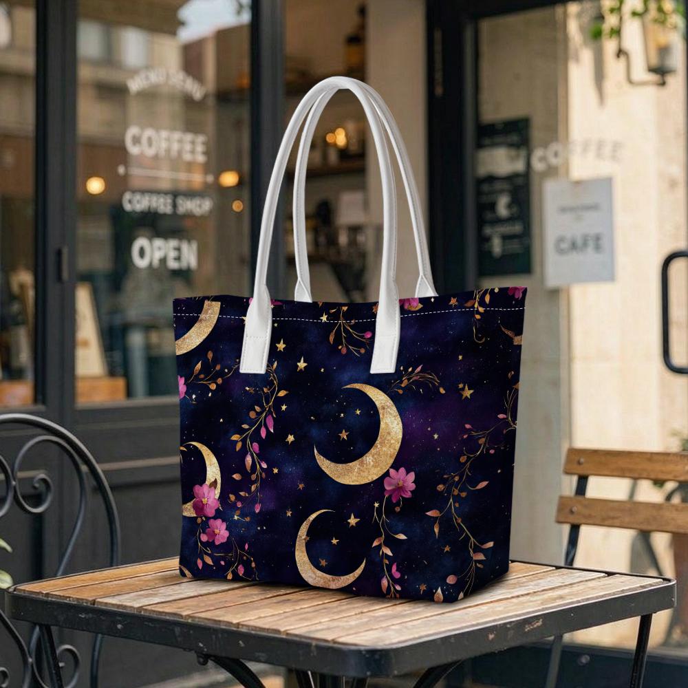 Moon Star Floral Printed Shoulder Bag for Women Fashion Casual Large Capacity Portable Daily Tote Handbag for Shopping Travel