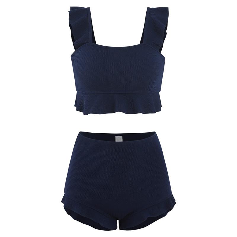 Conservative Knit Bikini Set Ruffle Trim Push Up High Waisted Boy Short Tummy Control Slimming Student Summer Beach Hot Spring Bathing Suit Swimwear