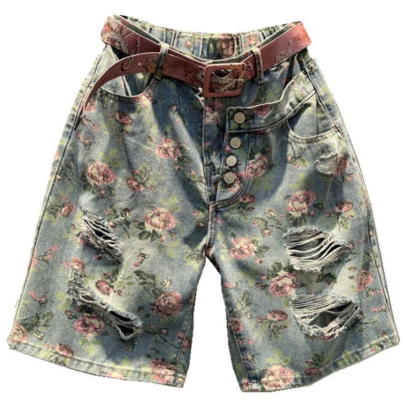 Letní módní volné a zeštíhlující široké nohavice rovné nohavice módní tištěné trendy roztrhané pětičtvrteční džínové kraťasy pro ženy