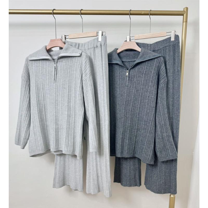 Half Zipper Polo Neck Pullover Knitted Sweater Women's New Casual Wide-leg Pants Two-piece Autumn and Winter Suit