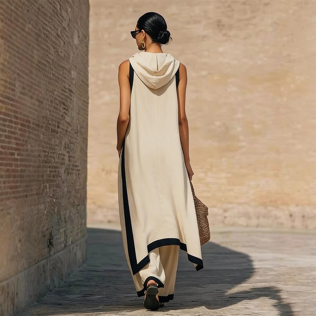 Women's Fashionable Casual Asymmetrical Hooded Sleeveless Top And Pants Two-Piece Set
