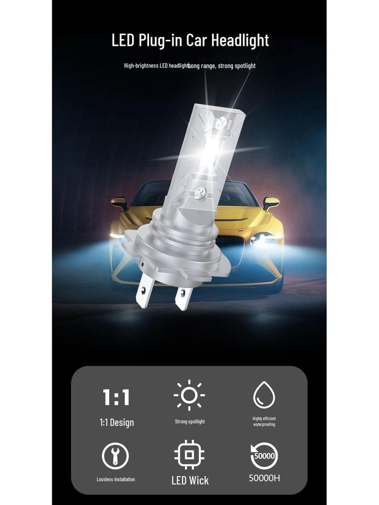 Plug-and-Play Mini LED H7 Car Headlight Bulb - High-Brightness Stepless Design