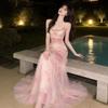 Sweet and Pure Temperament Lace Mesh Yarn Hip-wrapped Fishtail Long Dress Sexy Low-cut Waist Suspender Dress Women's Clothing