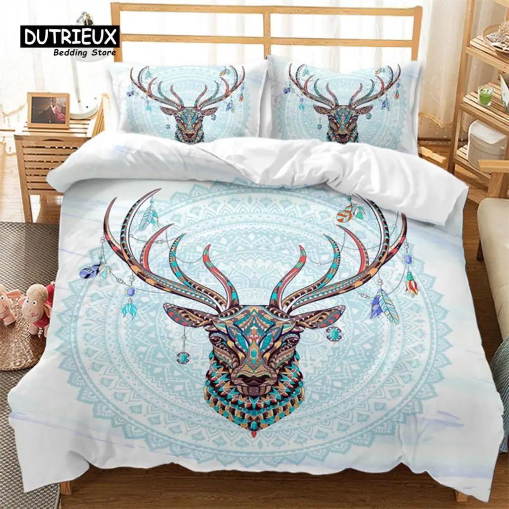 Exotic Ethnic Animals Duvet Cover King For Kid Adult Bohemian Mandala Bedding Set Microfiber Colorful Deer Wolf Head Quilt Cover