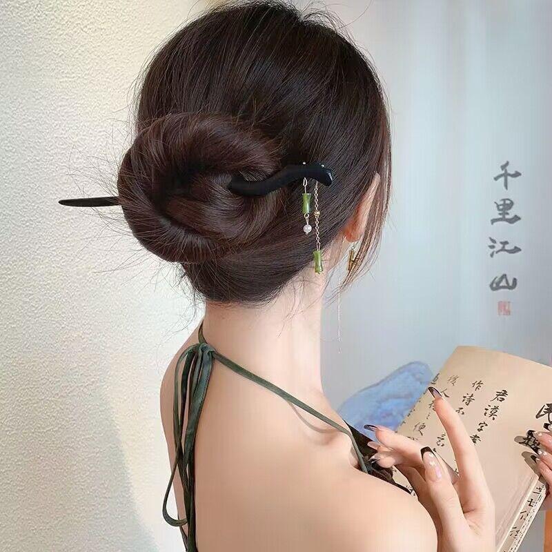 Antique Wood Hairpins Female New Chinese Simple Geometric Black Hair Sticks Hair Clips For Women Hair Accessories Pearl Headwear