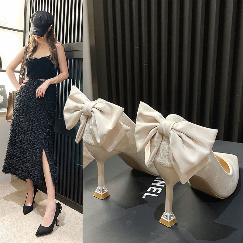 Solid Color Bow Fashion Cut Men's Single Shoes Women's 2025 Internet Celebrity Explosion European and American Style Show High Not Tired Feet High