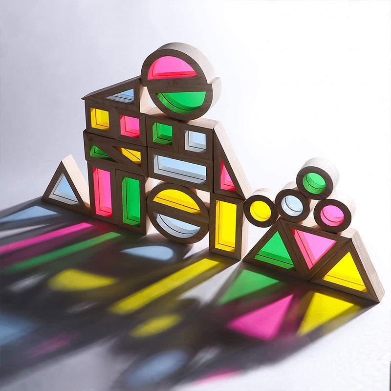Montessori Transparent Shape Blocks Wooden Toys Rainbow Acrylic Color Cognitive Sensory Building Game Educational Toys for Kids