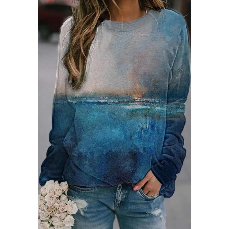 Round Neck 3D Gradient Color Printed Top Fashionable Casual Long Sleeved Women's T-shirts