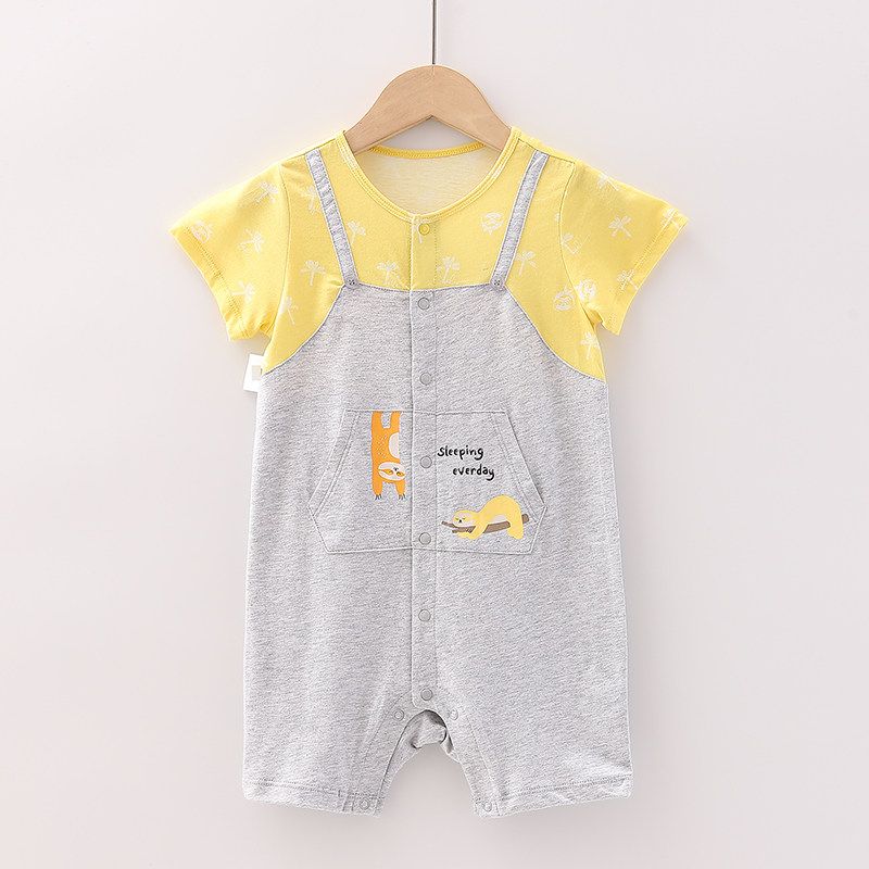 [Good] Mall Brand Discount New Style Baby and Toddler Comfortable Pure Cotton Color-Blocking Short-Sleeve Romper 1X031 Yellow + Light Heather Gray 59