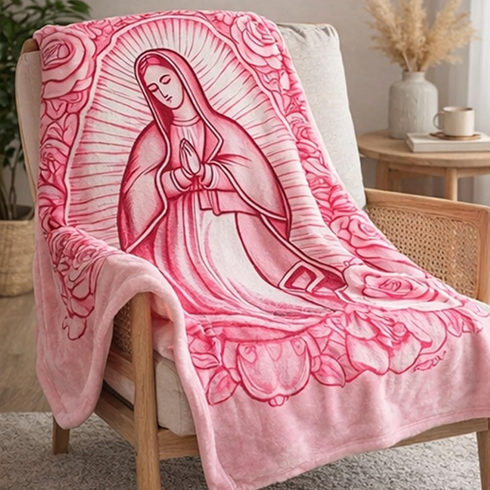 

Pink Mary Floral Virgin Mary Flannel Blanket, Super Soft Prayer Throw for Mom, Grandma, Valentine s Day 150x200cm