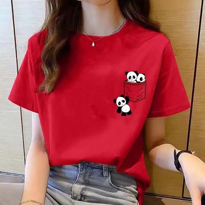 Top da Donna a Maniche Corte Estate Nuovo Tasca Cartone Animato Panda Stampato T-shirt Moda Coreana Top da Donna Larghi Girocollo T-shirt da Donna