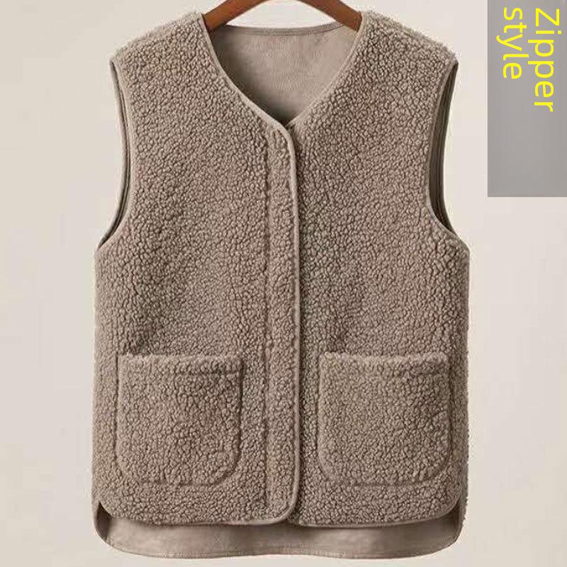 Chaleco de lana de cordero con cremallera para mujer, otoño/invierno, con pelo grueso