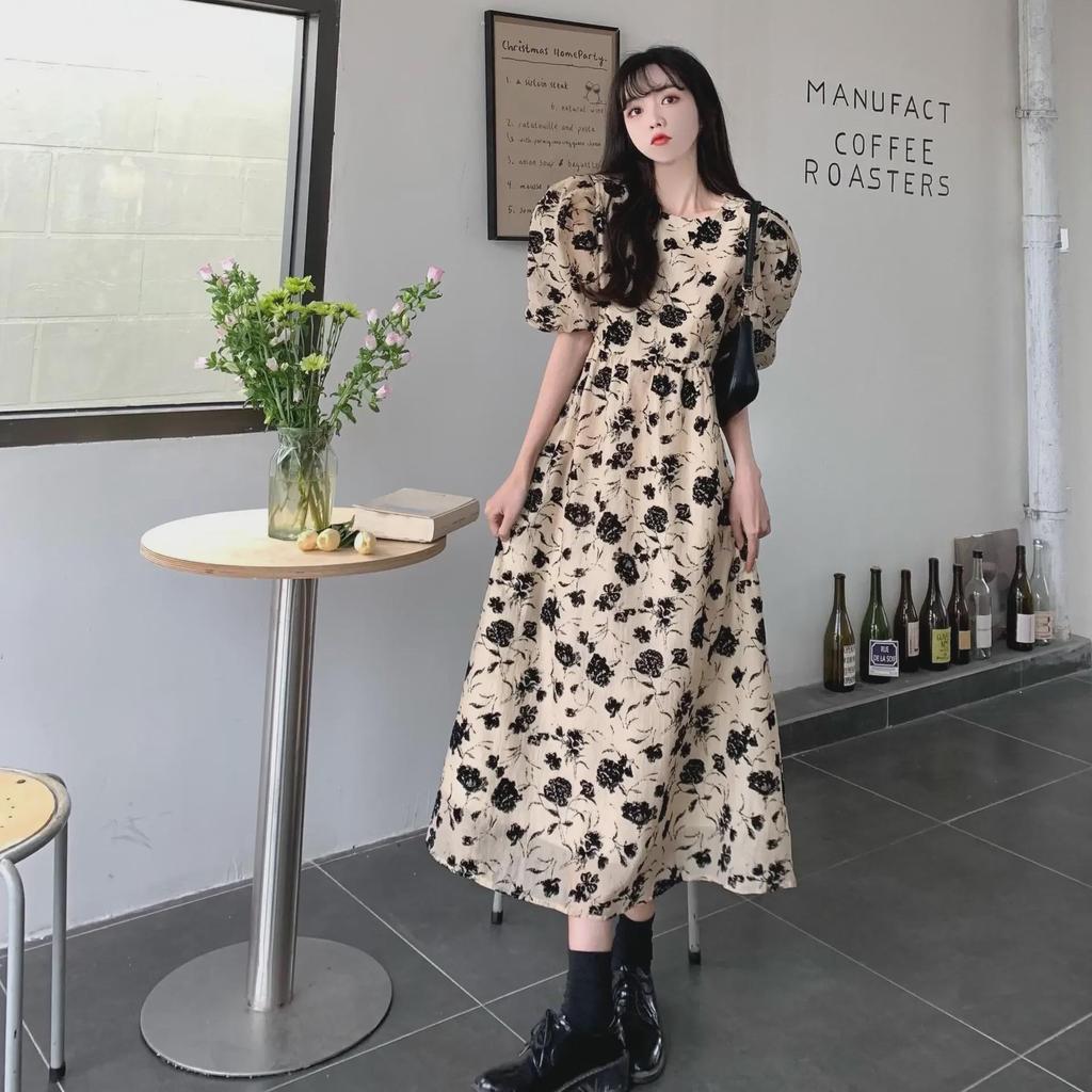 Korean Style Puff Sleeve Floral Midi Dress for Women