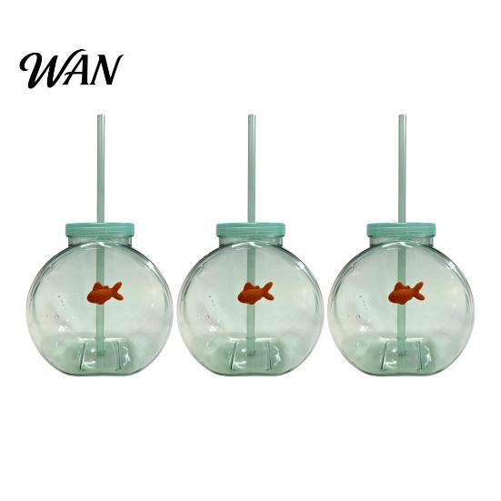 Orange Fish Straw Cup Bowl Bottle with Straw, Plastic Fishbowl Tumblers Lids, Unbreakable Ornament Cups Spill Resistant for Drinks Summer Drink,