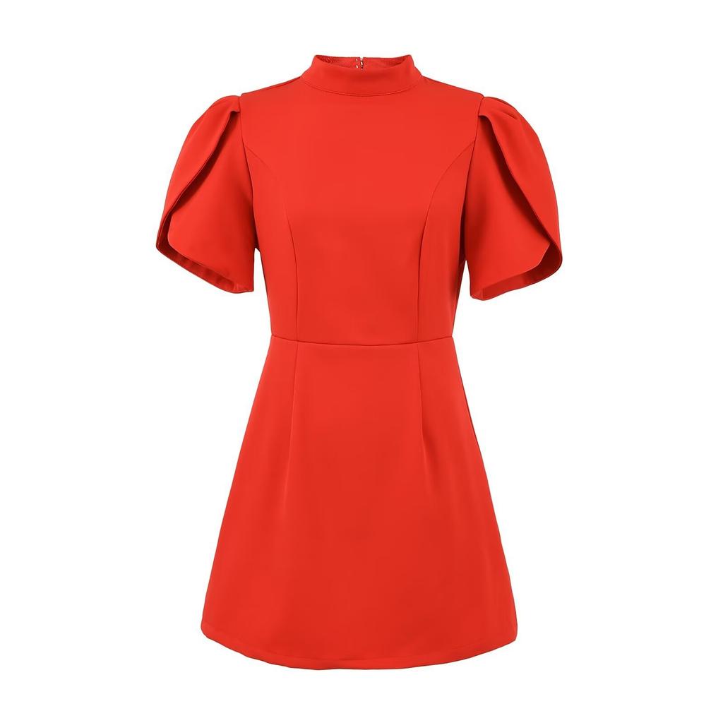 Spring New Women's Clothing European and American Style French Stand-up Collar Solid Color Back Bow Decorative Hollow Dress Women