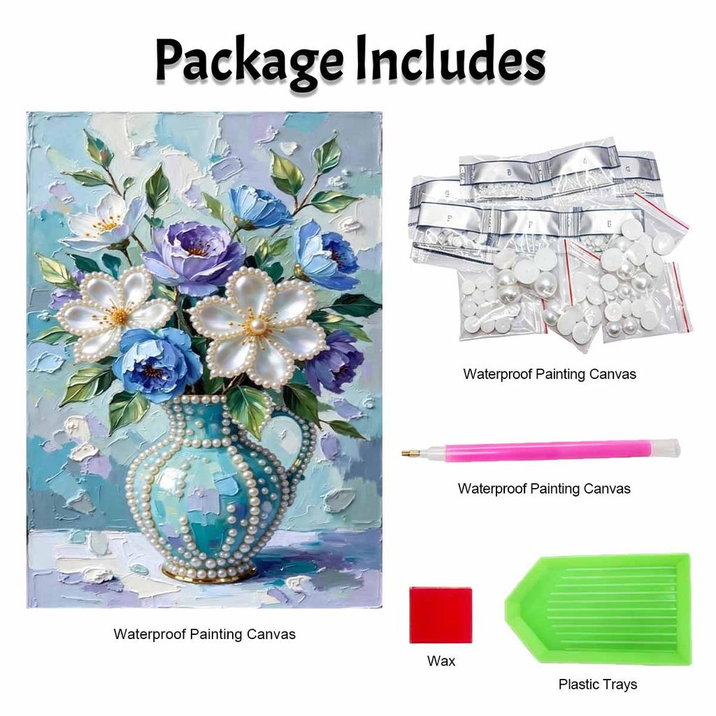 DIY Frameless Pearl Painting Kit Blue Vase Flowers 3D Shiny Bead Art Canvas Relaxing Creative Craft for Home Wall Decor Gift